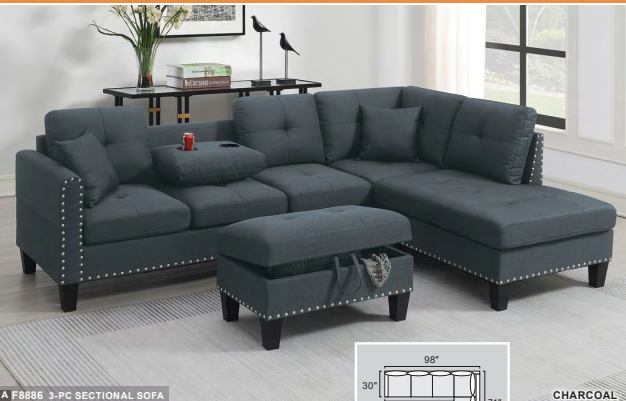 Charcoal 3-pc Sectional (Ottoman included)