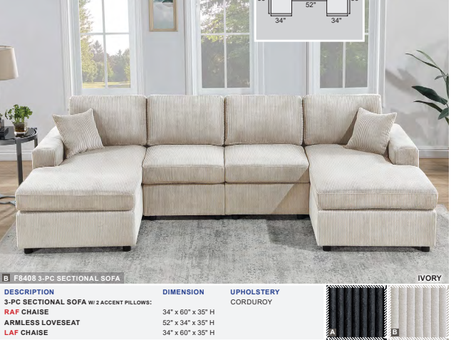 Ivory 3-Pc Sectional Sofa