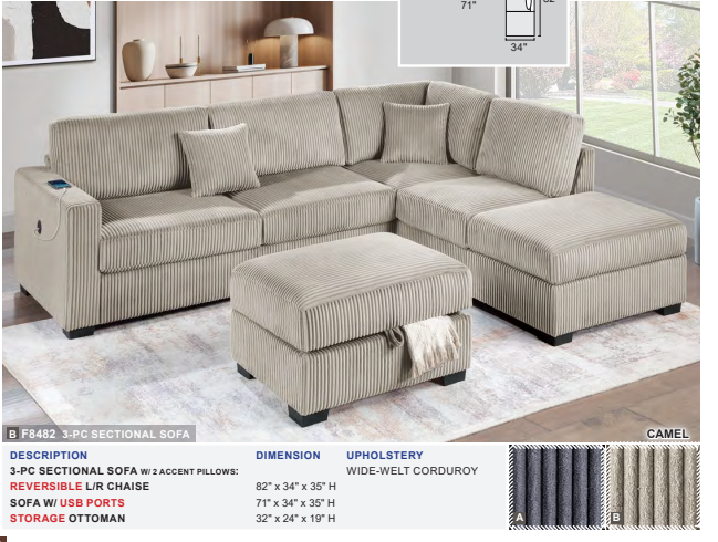 Camel 3-Pc Sectional Sofa (Ottoman Included)