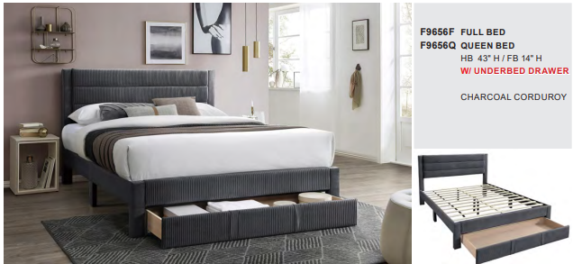 Charcoal Corduroy Full Bed Set W/ Underbed Drawer