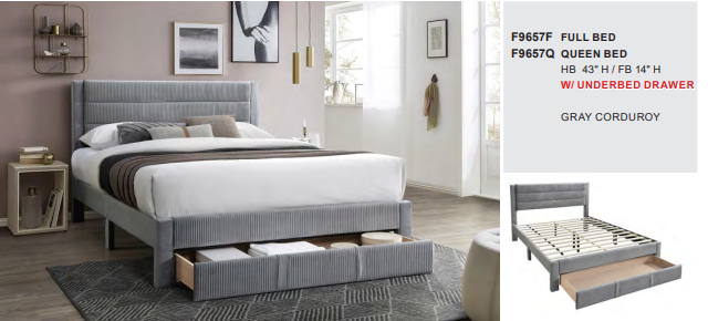 Gray Corduroy Full Bed Set W/ Underbed Drawer