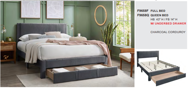 Charcoal Corduroy Full Bed Set W/ Underbed Drawer